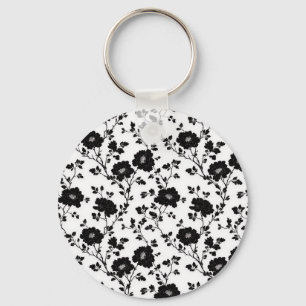 Elegant Black And White Floral Silhouette Botanica Keychain