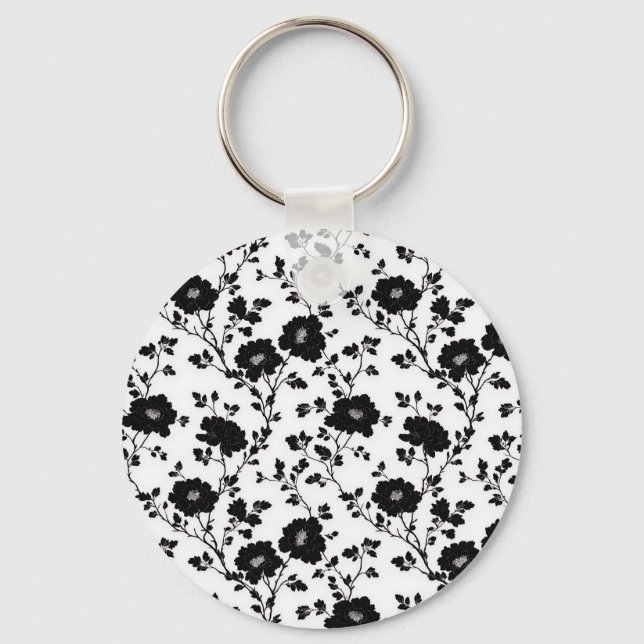Elegant Black And White Floral Silhouette Botanica Keychain (Front)