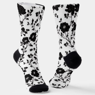 Elegant Black And White Floral Silhouette Botanica Socks