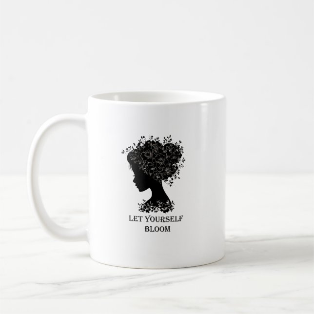 Elegant black-and-white floral silhouette design  coffee mug (Left)