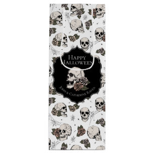 Elegant Black and White Floral Skulls Halloween Wine Gift Bag