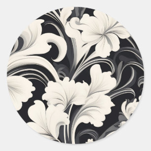 Elegant Black and White Floral Swirls Classic Round Sticker