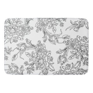 Elegant Black and White Floral Toile Bath Mat