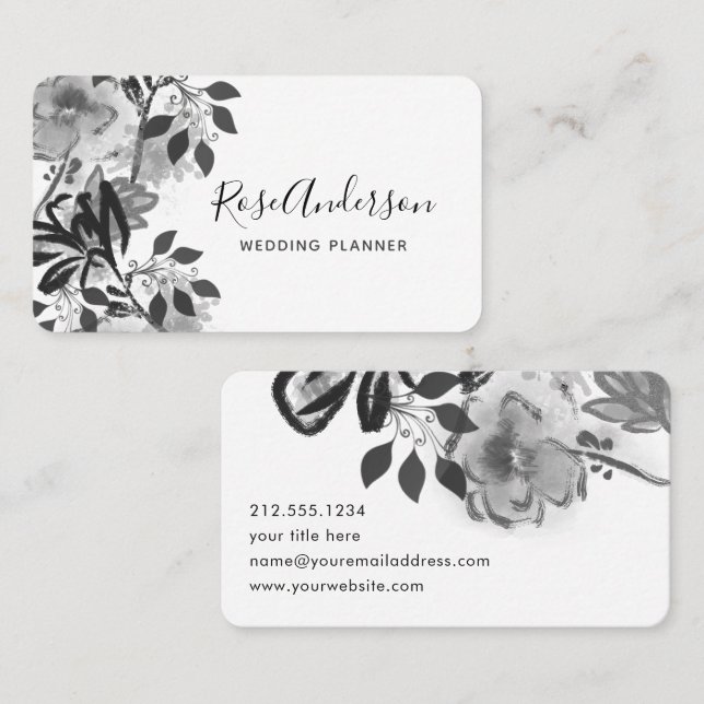 Elegant Black and White Floral Typography Business Card (Front/Back)
