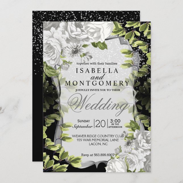 Elegant Black and White Floral Wedding Invitation (Front/Back)