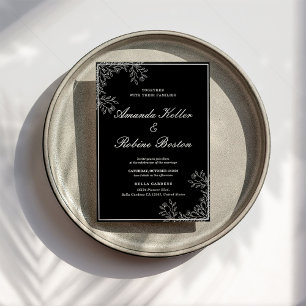 Elegant Black and White Floral Wedding Invitation