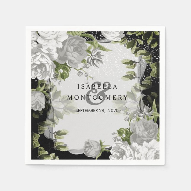 Elegant Black and White Floral Wedding Napkin (Front)