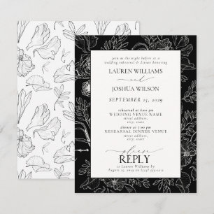 Elegant Black and White Floral Wedding Rehearsal Invitation