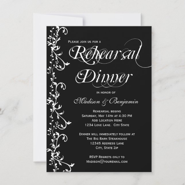 Elegant Black and White Flourish Rehearsal Dinner Invitation (Front)