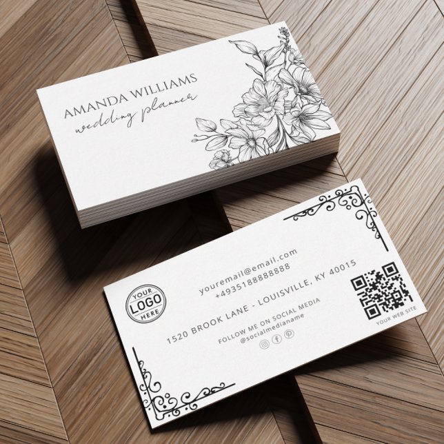 Elegant Black and White Flowers QR Code  Business Card (Creator Uploaded)