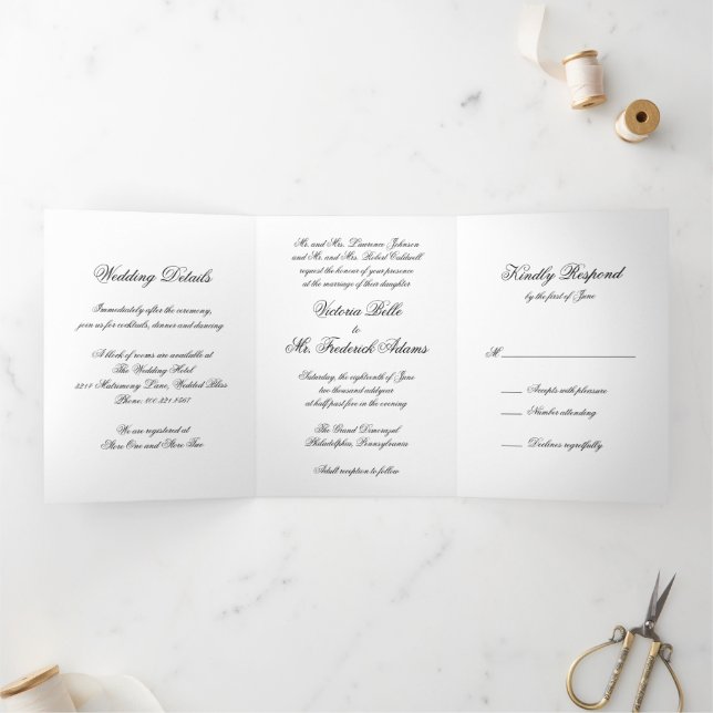 Elegant Black and White Formal Calligraphy Wedding Tri-Fold Invitation (Inside)