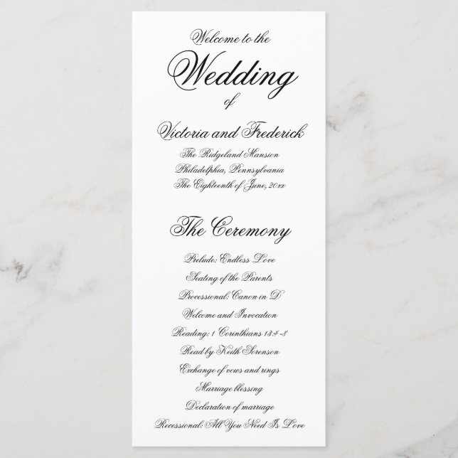 Elegant Black and White Formal Wedding Program (Front)