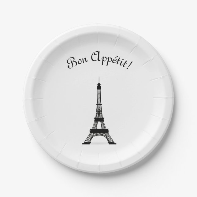Elegant Black and White French Style Eiffel Tower Paper Plate (Front)