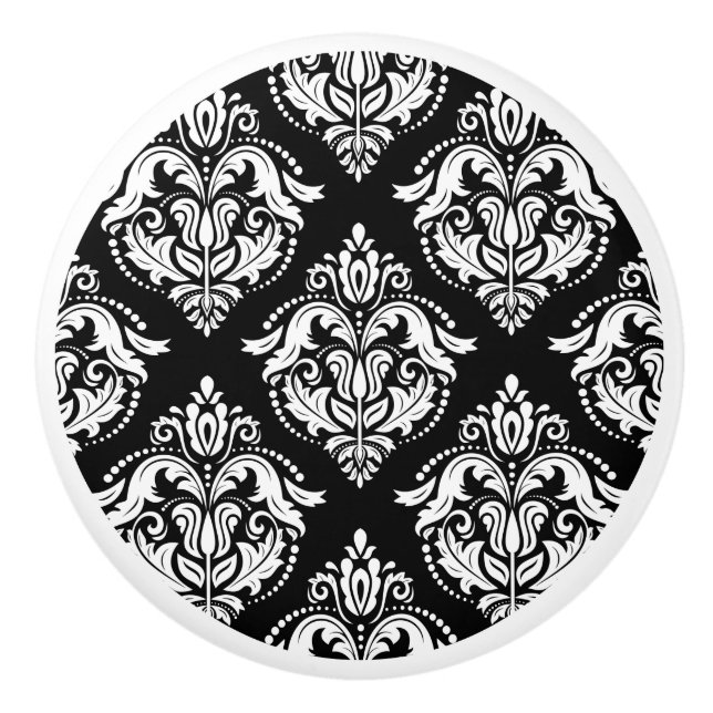 Elegant black and white geometric damasks pattern ceramic knob (Front)