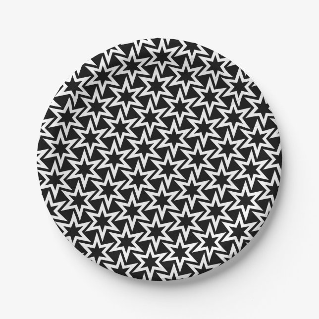 Elegant Black and White Geometric Star Pattern Paper Plate (Front)