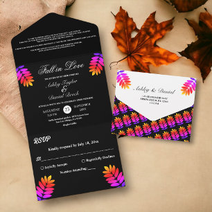 Elegant Black And White Glow Fall in Love Wedding All In One Invitation
