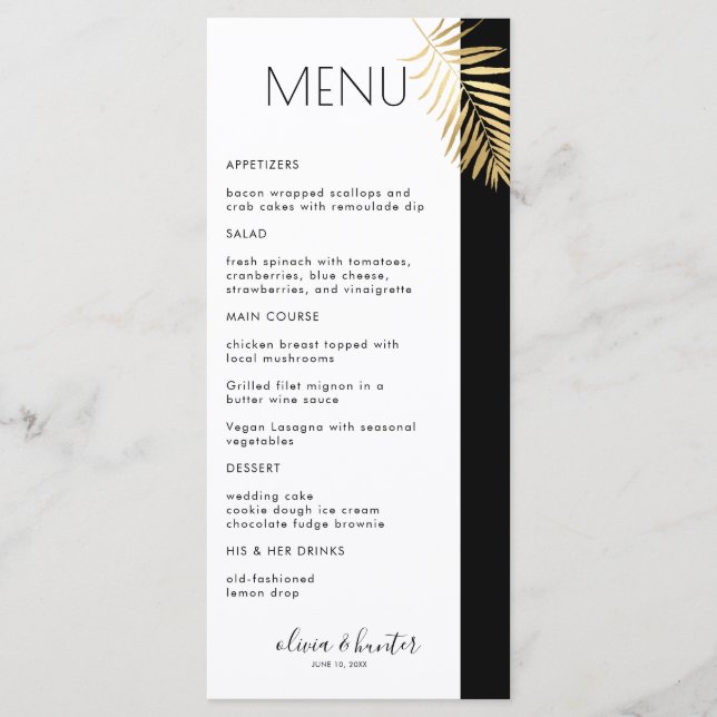 Elegant Black and White Gold Leaf Dinner Menu (Front)