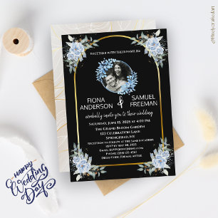 Elegant Black and White Gold Photo Wedding  Invitation