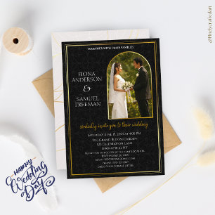 Elegant Black and White Golden Photo Wedding Invitation