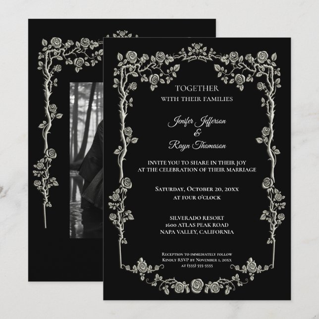 Elegant black and white Gothic wedding Invitation (Devant / Derrière)
