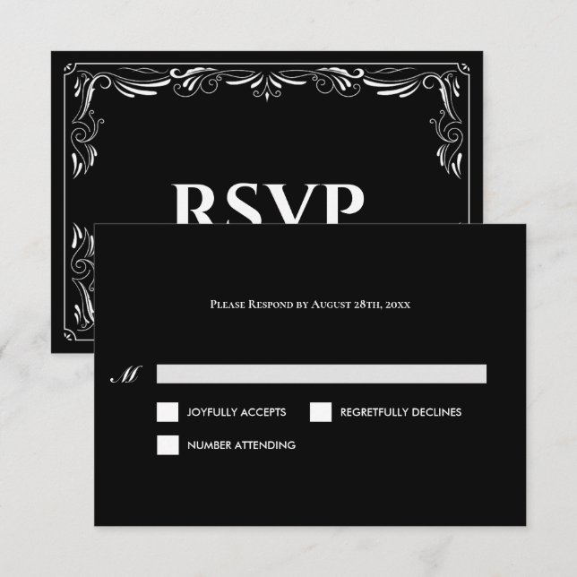 Elegant black and white Gothic Wedding RSVP Card (Front/Back)