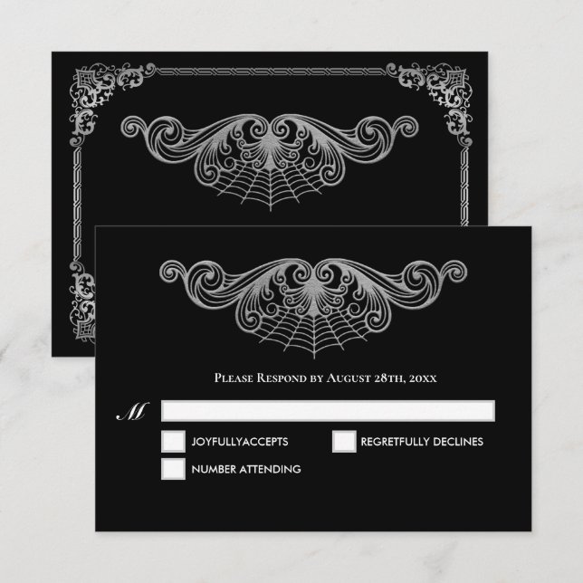 Elegant black and white Gothic Wedding RSVP Card (Front/Back)