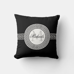 Elegant Black and White Greek Key Monogram Pillow