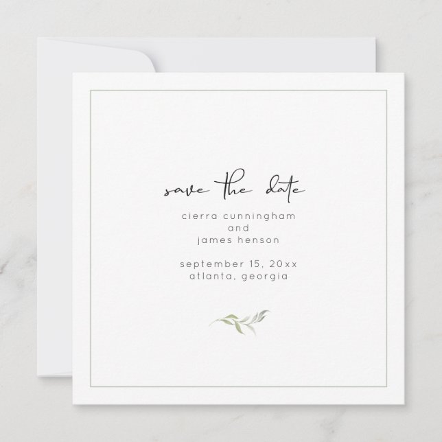 Elegant Black and White Greenery Wedding Save The Date (Front)