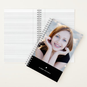 Elegant Black and White Heart Photo with Name Notebook