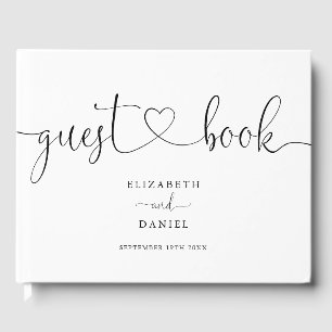 Elegant Black And White Heart Script Wedding Guest Book
