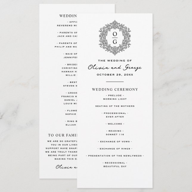 Elegant Black and White Heirloom Wedding Program (Front/Back)