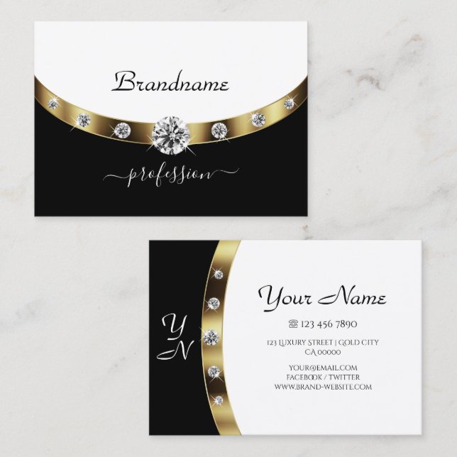 Elegant Black and White Initials Faux Rhinestones  Business Card (Front/Back)