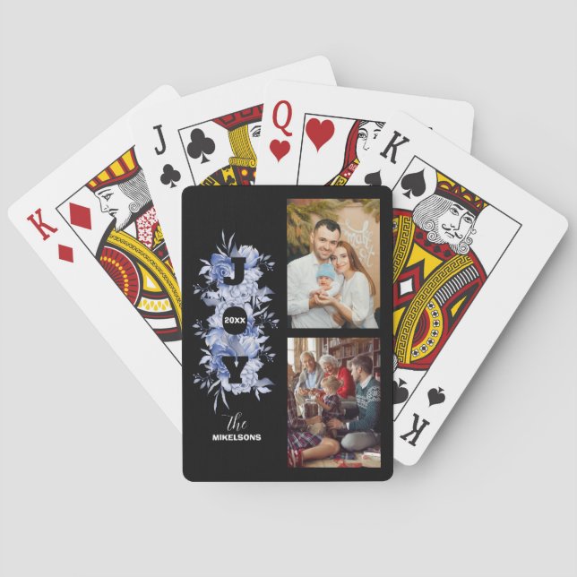 Elegant Black and White Joy Christmas Photo Playing Cards (Back)