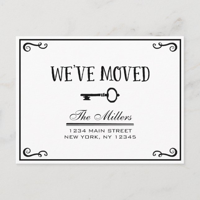Elegant Black and White Key Moving Announcement (Front)