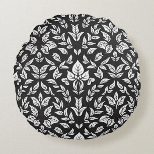 Elegant Black and White Leaf Pattern Round Pillow