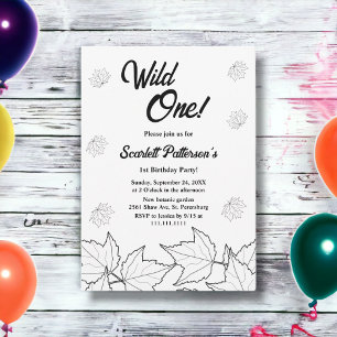 Elegant Black And White Leaves Fall 1st Birthday Invitation