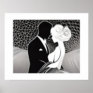 Elegant Black and White Loving Couple Embrace Poster