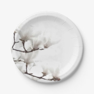 Elegant Black and White Magnolia Floral Watercolor Paper Plate