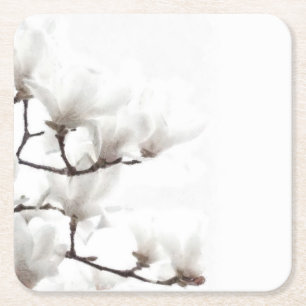 Elegant Black and White Magnolia Floral Watercolor Square Paper Coaster