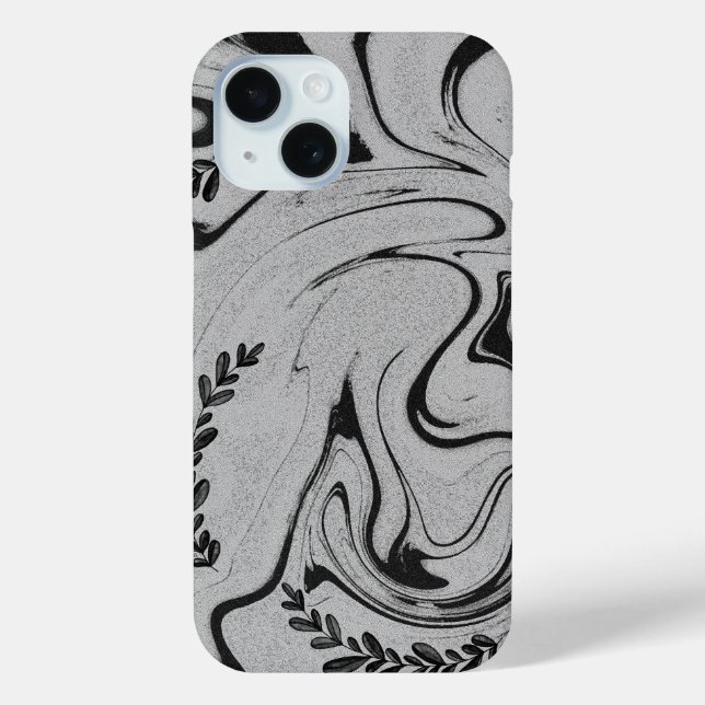 Elegant Black and White Marble Leaf Swirl iPhone 1 Case-Mate iPhone Case (Back)