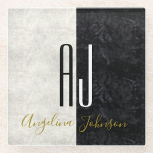 Elegant Black and White Marble Monogrammed Glass Coaster