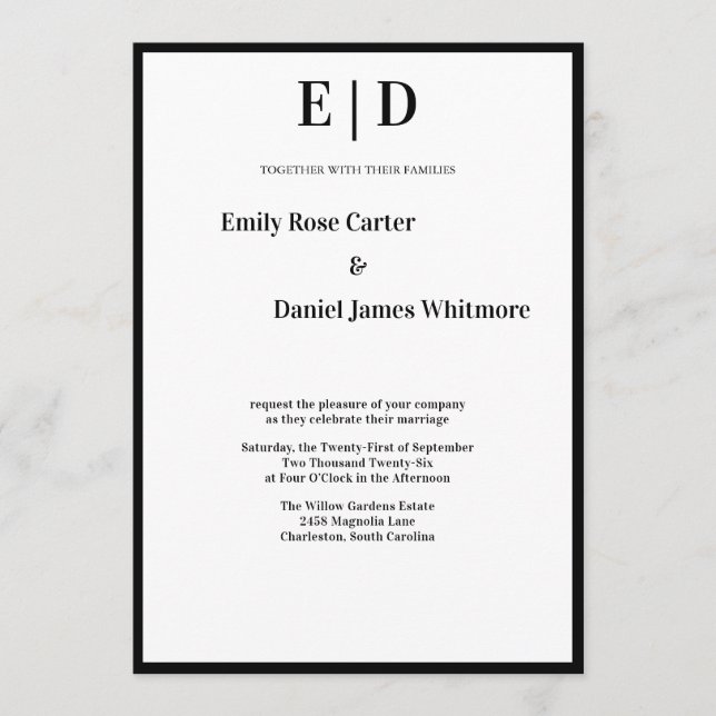Elegant Black and White Minimalist Wedding  Invitation (Front)