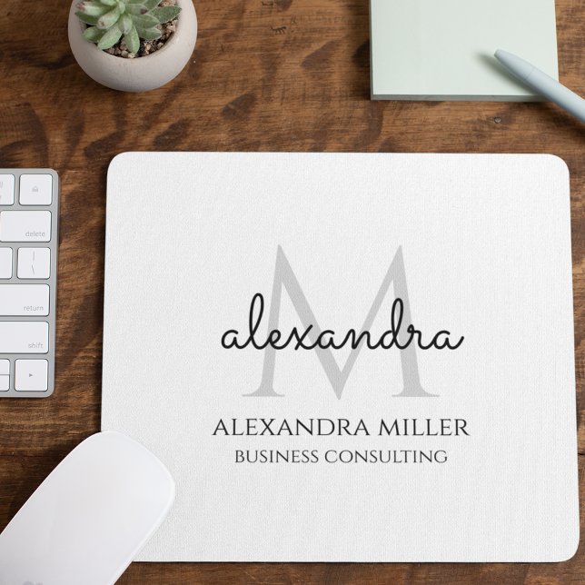 Elegant Black and White Modern Monogram Name Mouse Pad (Creator Uploaded)