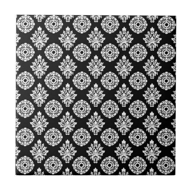 Elegant Black and White Monochrome Damask Pattern Tile (Front)