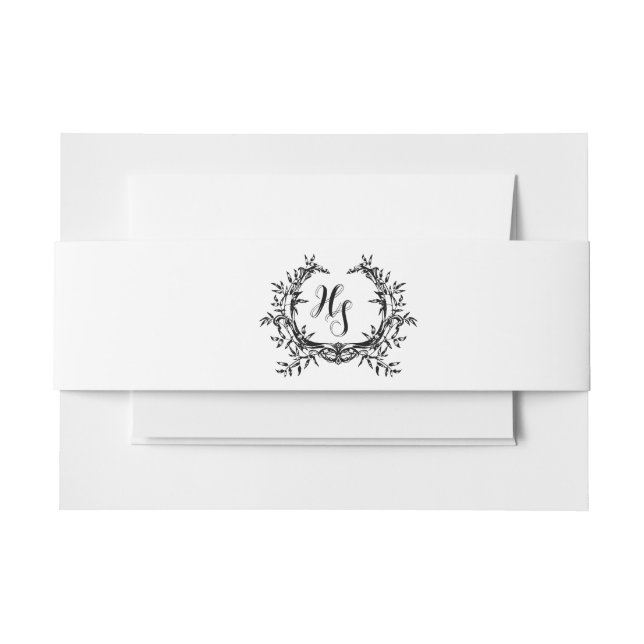 Elegant Black and White Monogram Crest Wedding Invitation Belly Band (Front Example)