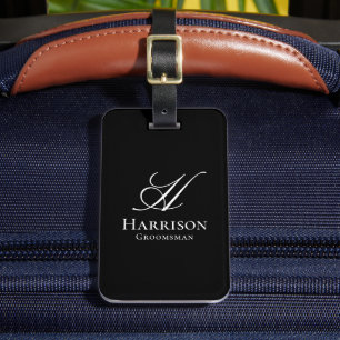 Elegant Black and White Monogram Groomsman Luggage Tag