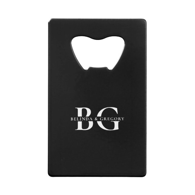 Elegant Black and White Monogram Initials Wedding Credit Card Bottle Opener (Front)