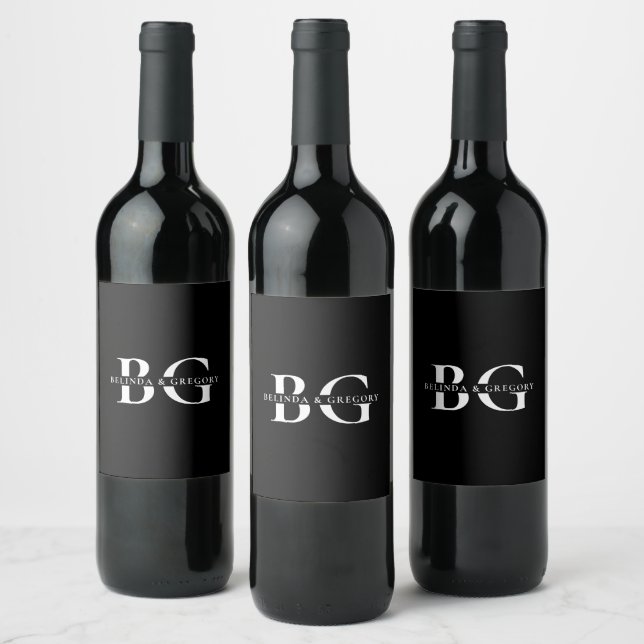 Elegant Black and White Monogram Initials Wedding Wine Label (Bottles)