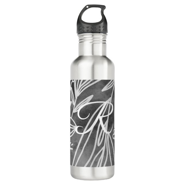 Elegant Black and White Monogram Leaves Drawing 710 Ml Water Bottle (Front)