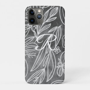 Elegant Black and White Monogram Leaves Drawing iPhone 11 Pro Case